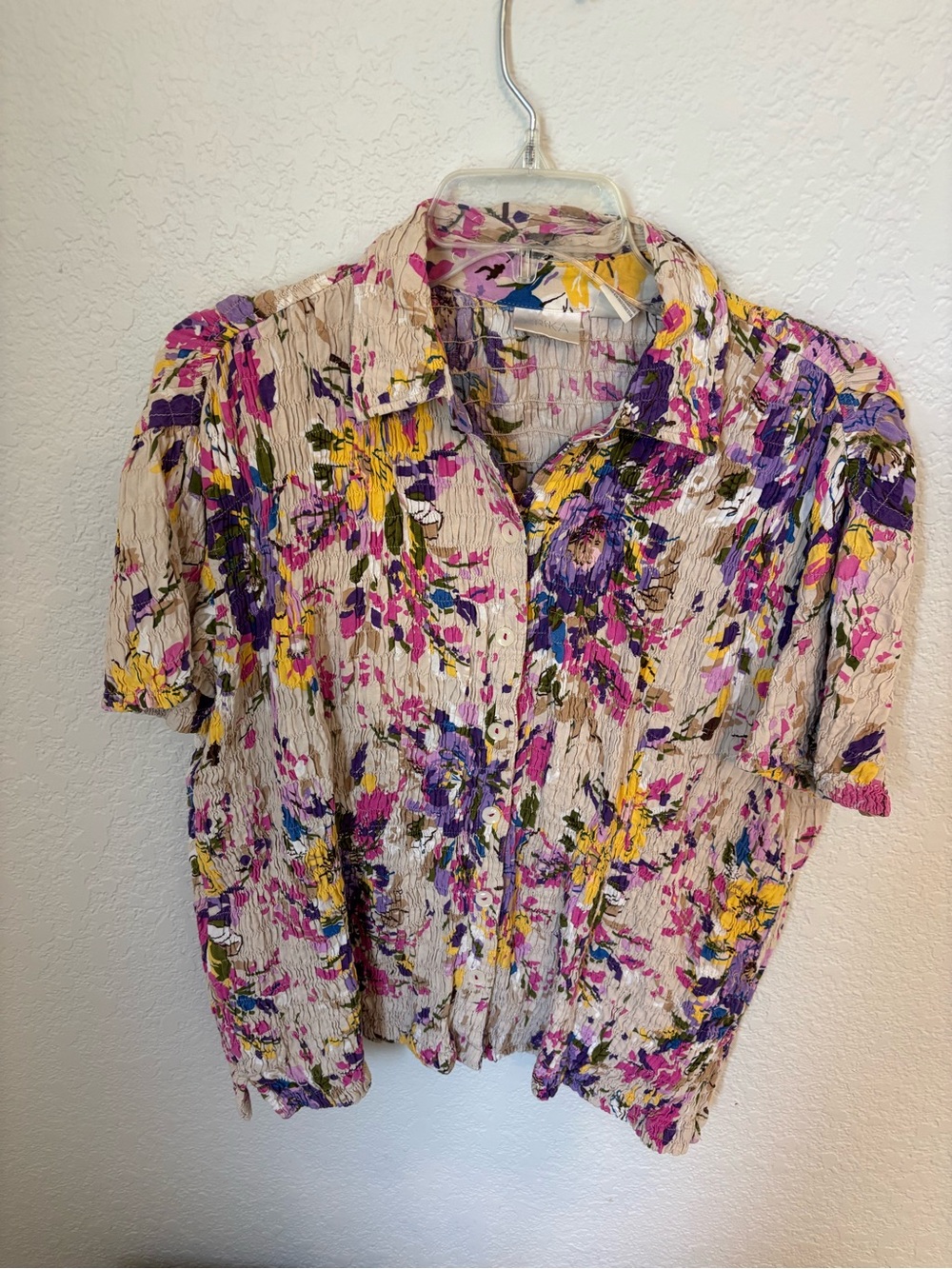 Floral Crinkle Button-Down Shirt - Cream with Pink & Purple Blooms by ERIKA Med
